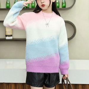 【送料無料】 子供服 女の子 キッズ 小学生 ニット セーター 長袖 グラデーション カラフル 韓国 春秋 おしゃれ かわいい カジュアル ゆったり 通学 厚手 暖かい 大人可愛い 大人女子