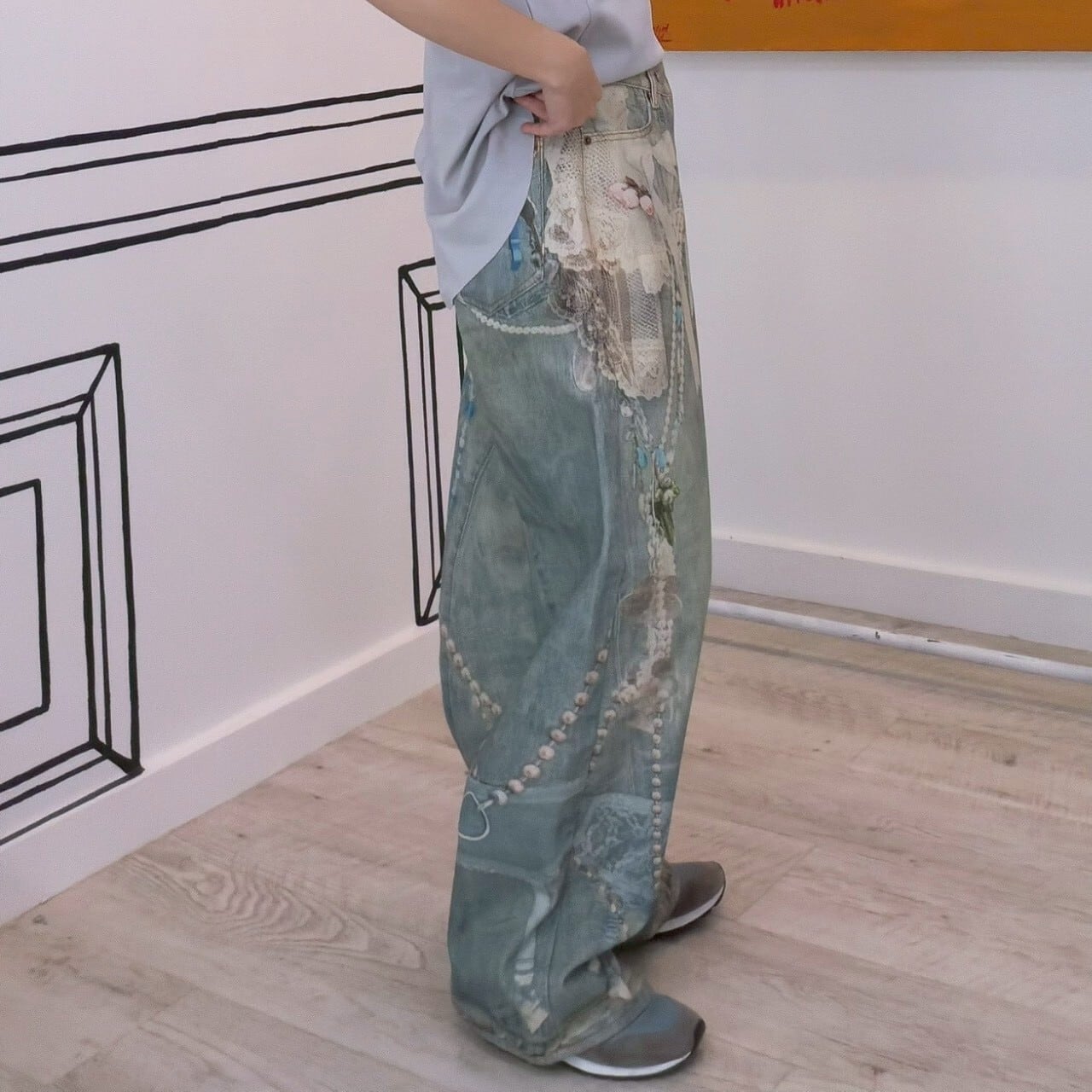 プリントデザインデニムパンツ