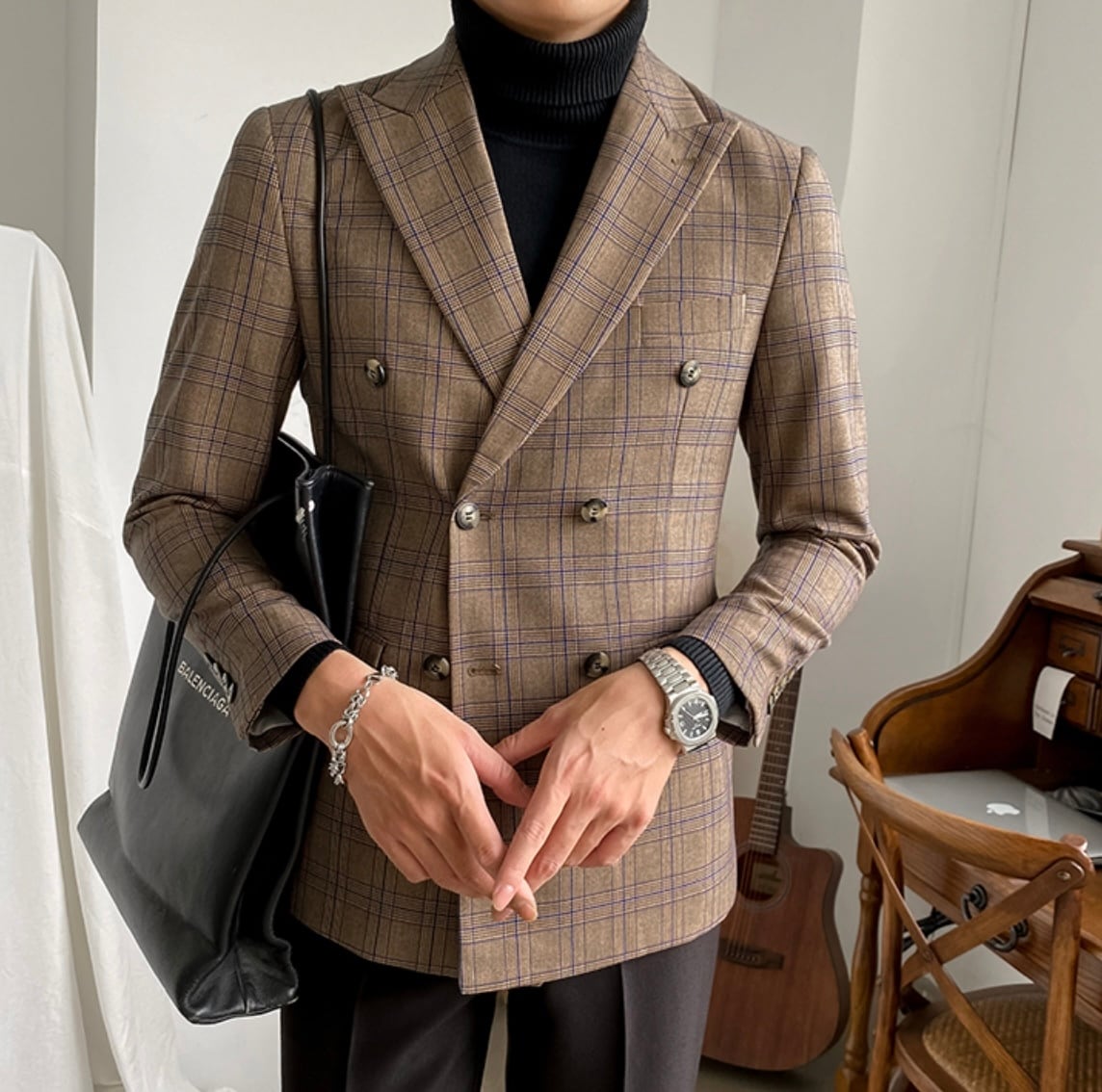 ブラウンチェック柄ピークドラペルダブルジャケット | Buona Vita