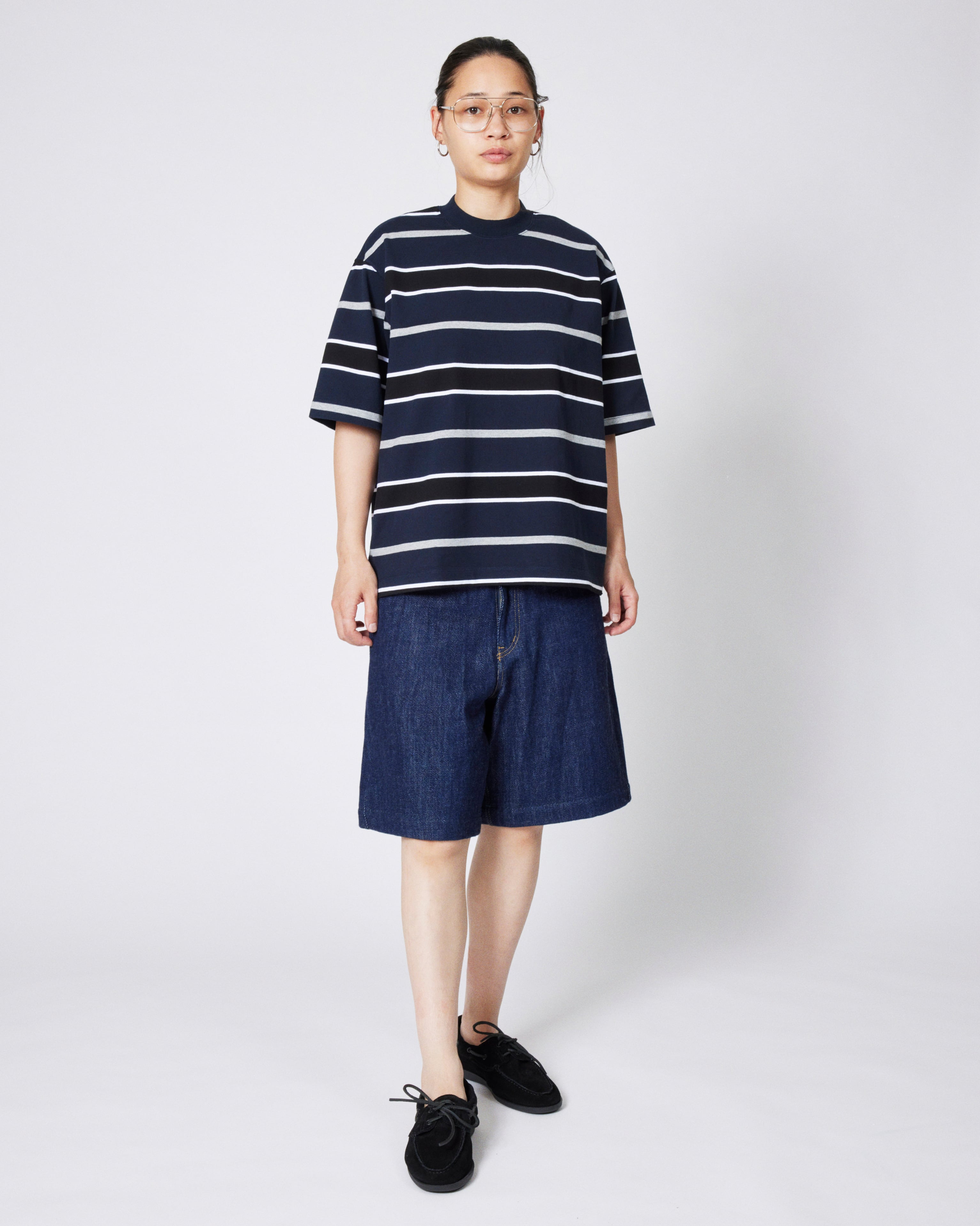 everyone multi border short sleeve tee shirt (NAVY/BLACK) | everyone