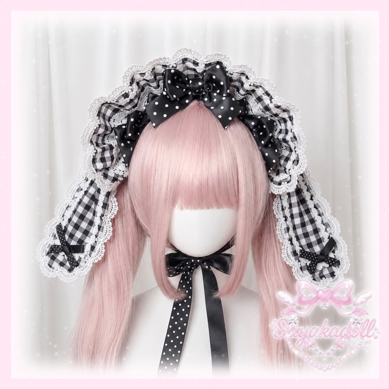 ♡【全4色】MAID ギンガムチェック＆ドット柄リボン 変幻自在うさみみフリルボンネット black ♡