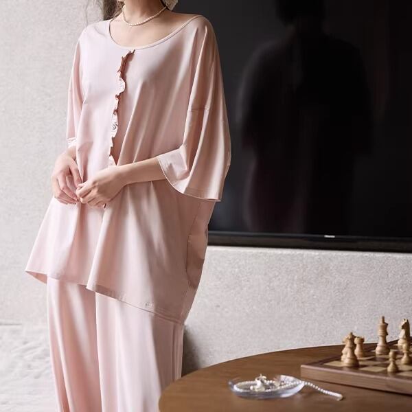 訳ありSALE【M-XL】three-quarter sleeve frill simple design cardigan style pajamas p1642