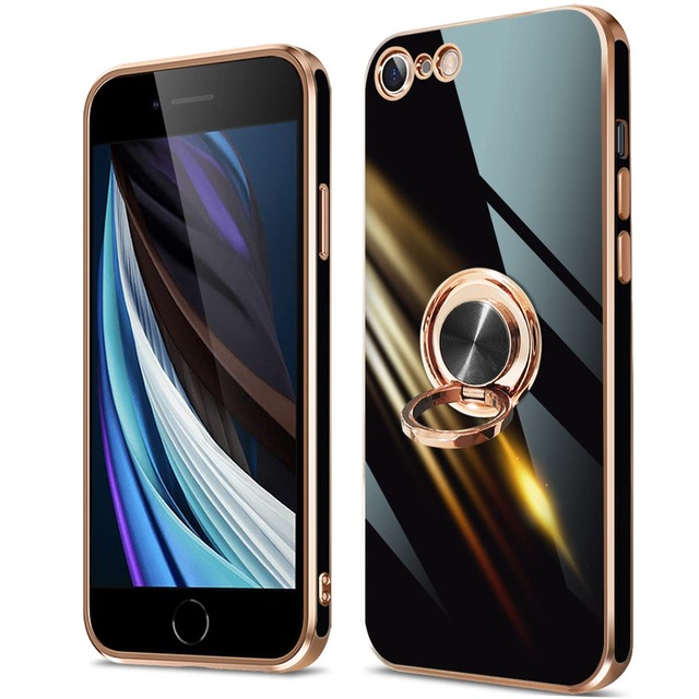 shichalisi 用の iPhone SE3 SE2 8 7 ケース 第3世代 第2世代 リング カバー 耐衝撃 スリム tpu ソフト シリコン リング付き 薄型 スタンド機能付き 360回転 車載ホルダー (ブラック)
