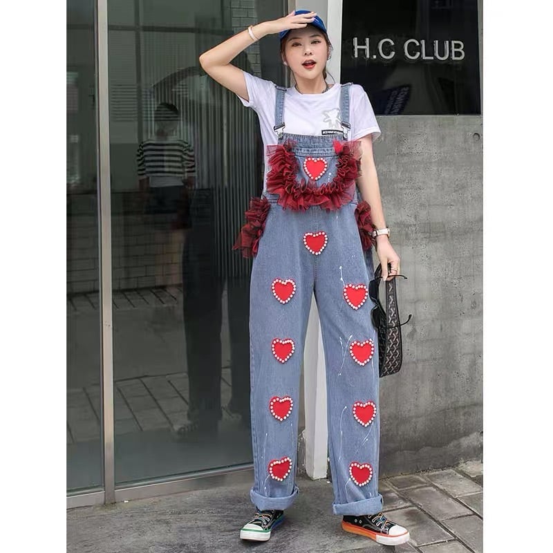 デニムパンツ ハート 赤 リボン フリル かわいい オーバーオール