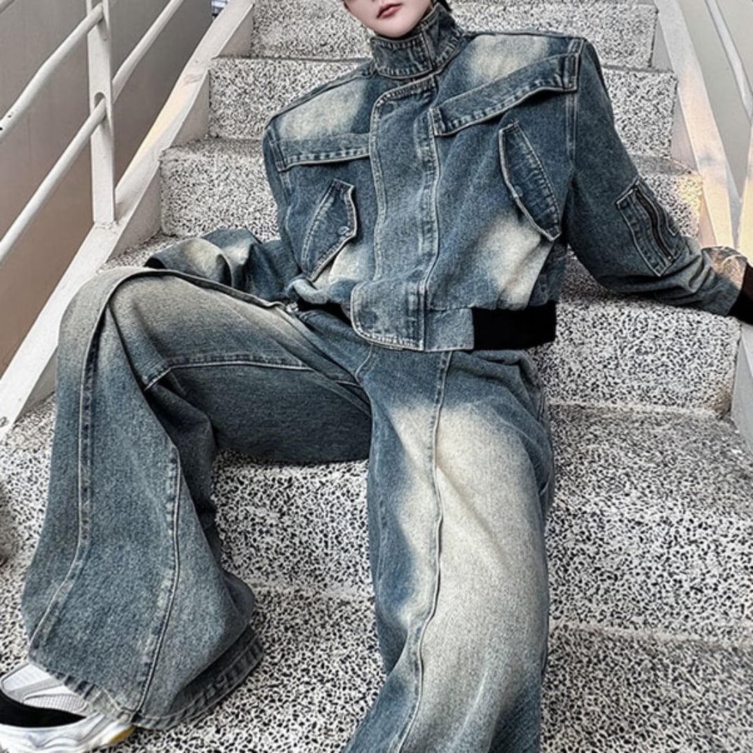 ヴィンテージ風 デニムショートジャケット＆立体ステッチジーンズ