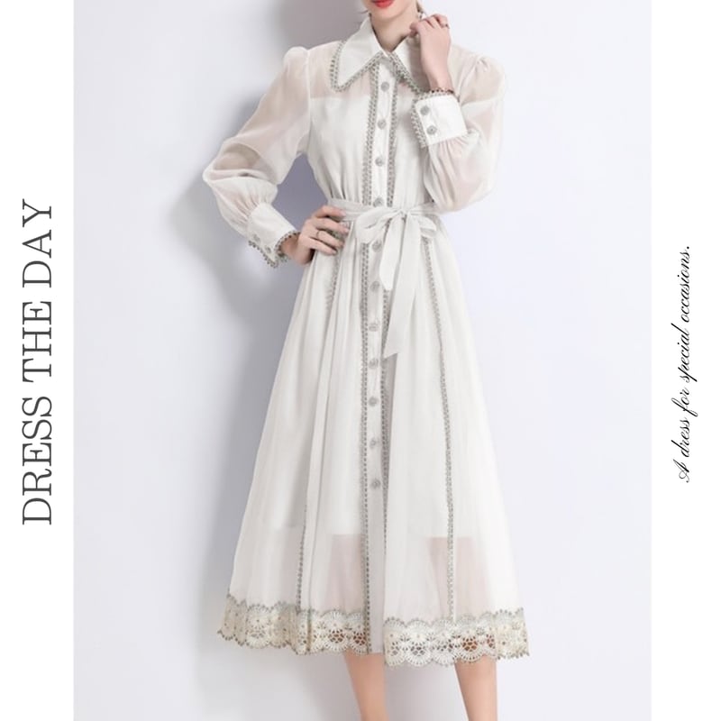 パフスリーブレース切り替えドレス3色展開 D0139