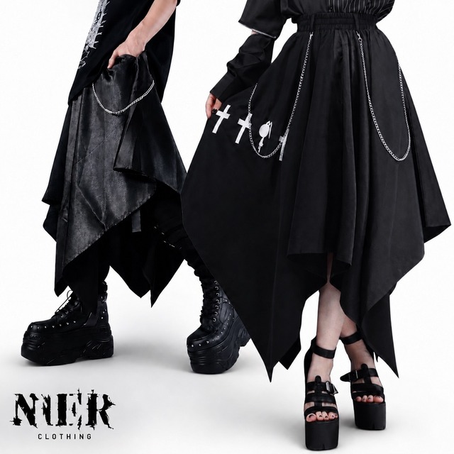 《先着55点限定55%OFF》チェーン付きUNISEX DUAL FABRIC ASYMMETRY SKIRT【CROSS刺繍】