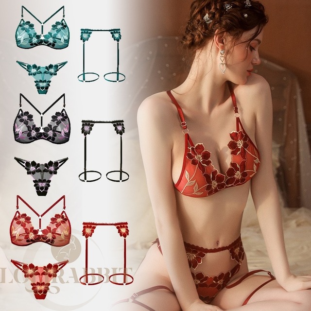 ガーターベルト付 ブラショーツセット セクシーランジェリー / 4色　谷間見せブラ 美胸 セクシー下着 勝負下着 セットアップ