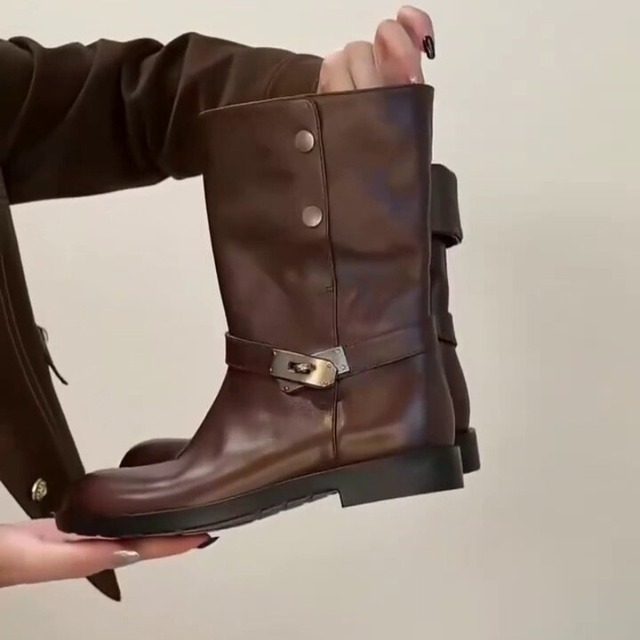 Asymmetric buckle mid boots【2color】 C1636