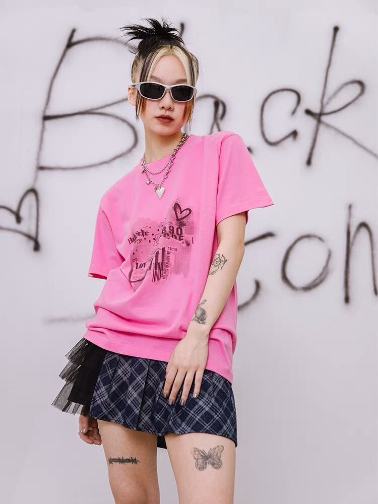 2カラー 】ピンク ホワイト 白 Tシャツ ロック トップス カジュアル