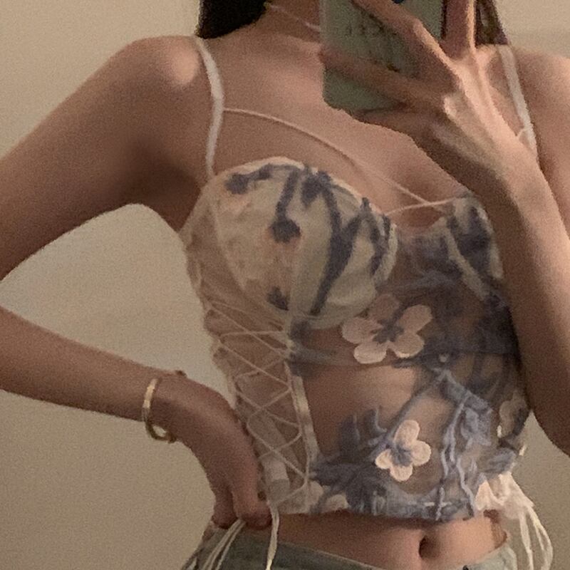 スプリングレース刺繍ストラップ ギャザー薄手ノースリーブトップス 春物 スーパーモール66135834820