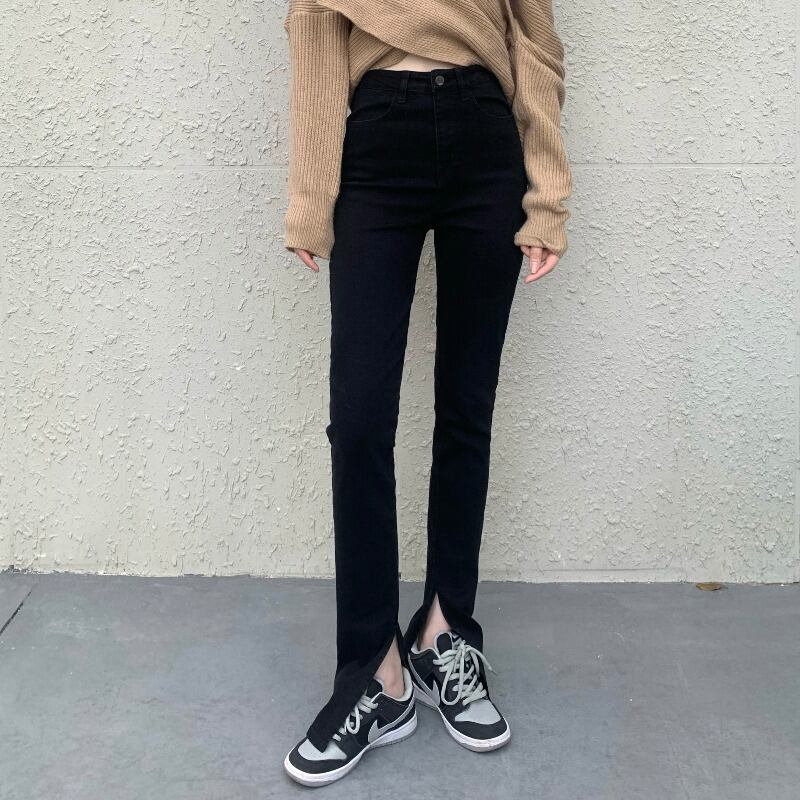 ジーンズ オータムウィンタースリットハイウェストウェストスリムブラックパンツ 秋物 冬物 ブラックストロベリース33370847213