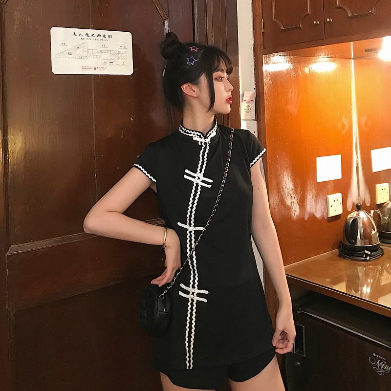 チャイナ風ワンピース チャイナ風服 中華服 改良唐装 改良漢服 スタンドネック 半袖 ショート丈 ショートパンツ 2点セット 可愛い 普段着 デート ブラック 黒い 可愛い S M L Elegant