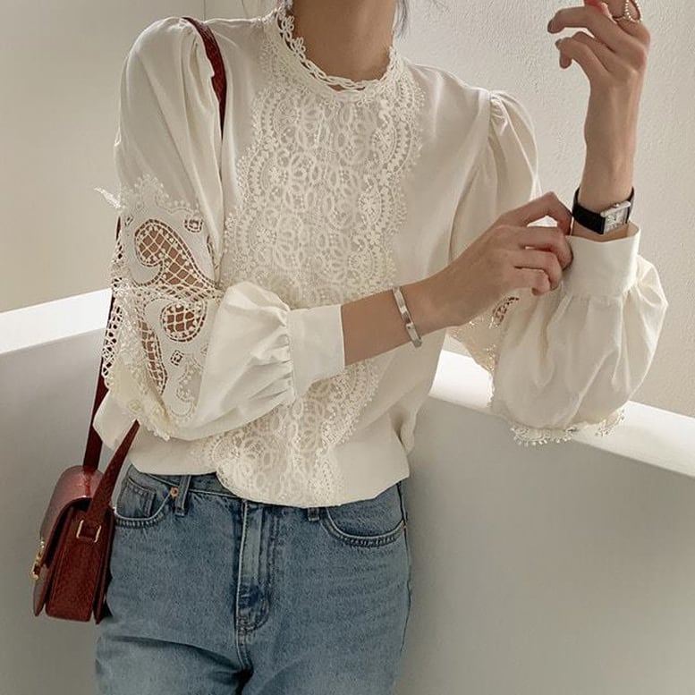 春夏コーデ❤️シャツ　パフスリーブ　レディース　トップス　ブラウス　長袖　レース