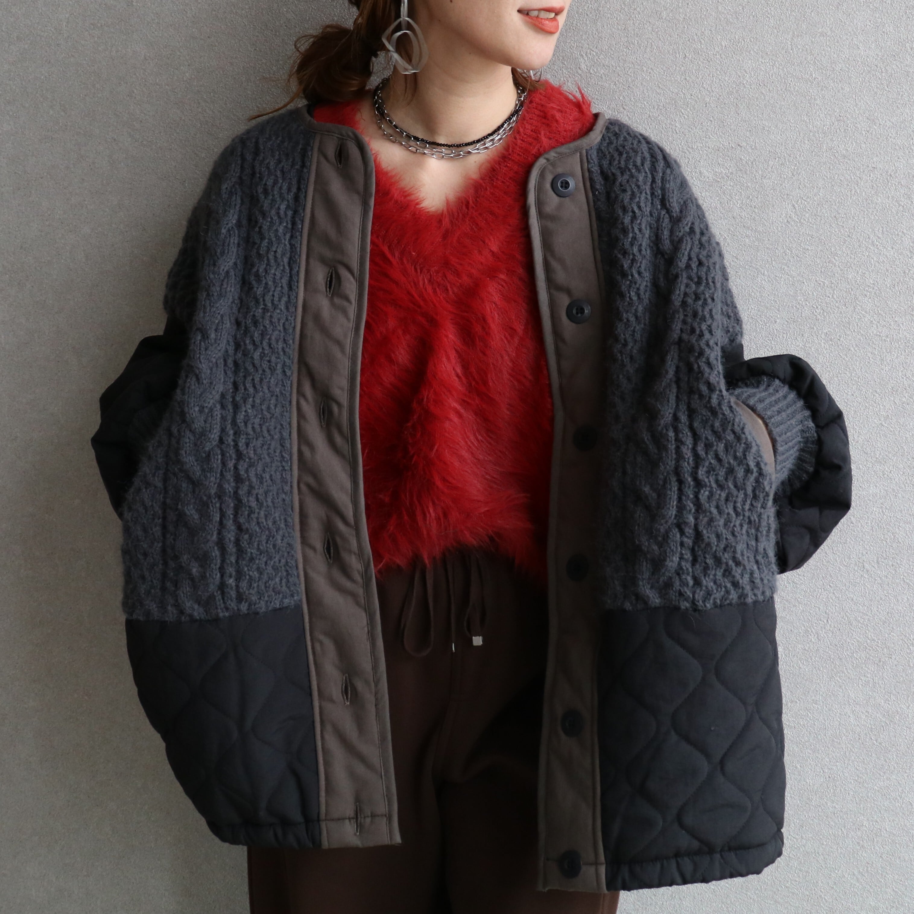 ケーブルニット×キルティングボリュームブルゾン【an-e251645-z】宅配