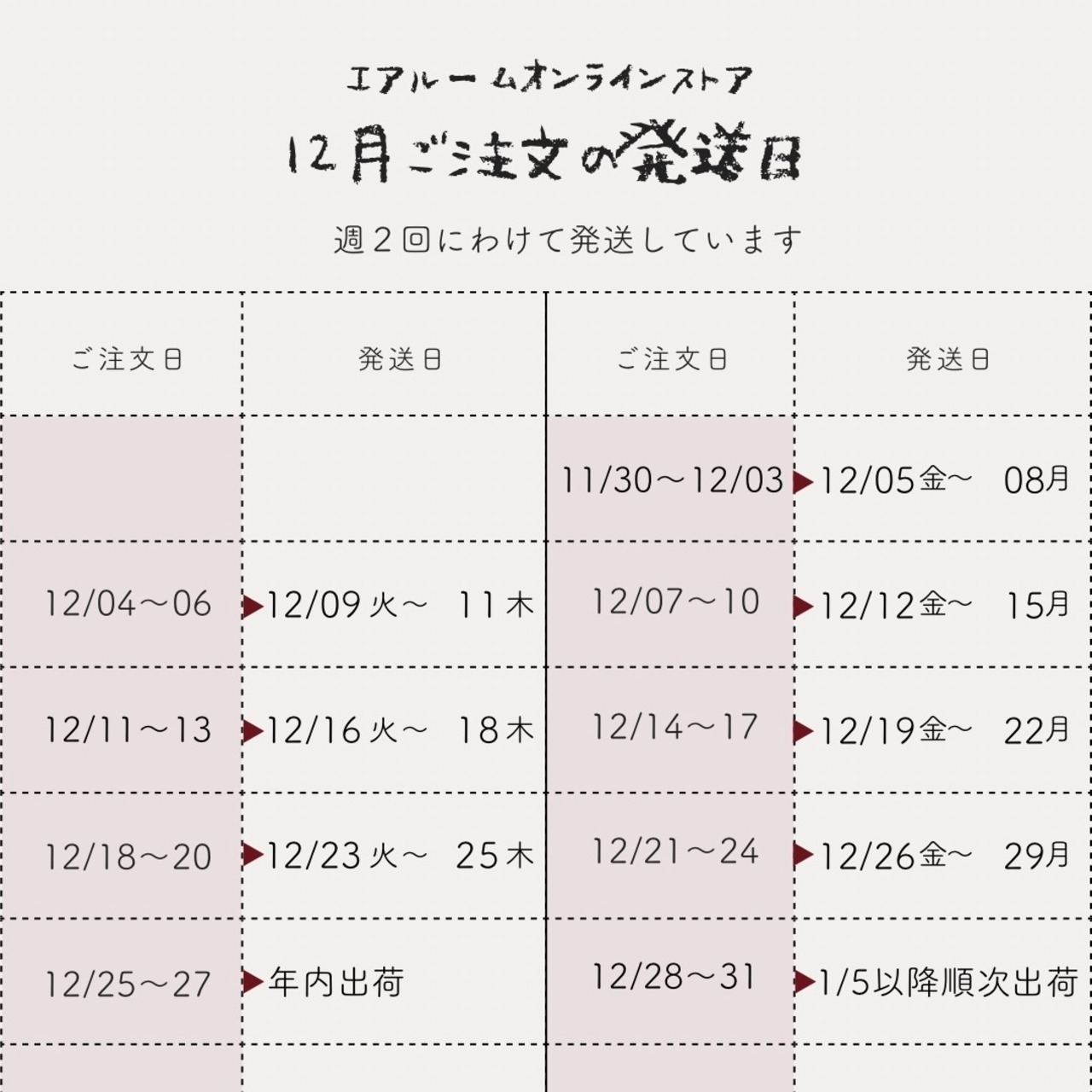 発送は週2回(火〜木)・(金〜月)です。12月の発送日