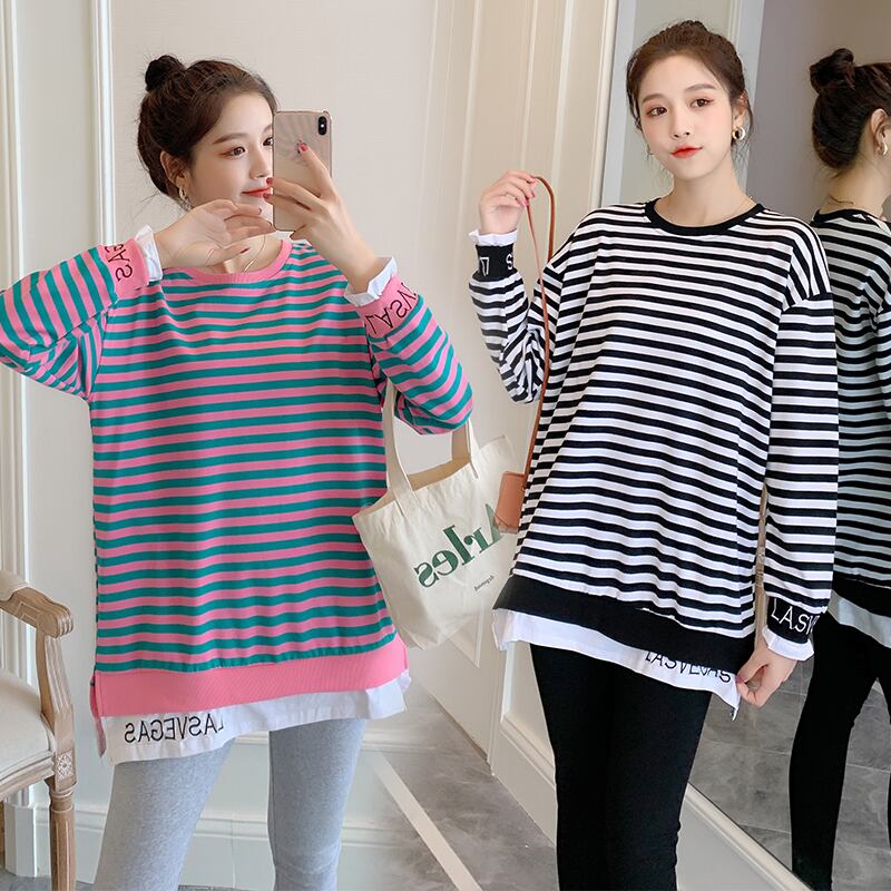 【新作】【送料無料】 863＃春秋ストライプコットンマタニティTシャツ長袖ルーズパッチワークTシャツ妊婦妊娠Tシャツトップス ロング スプリング 春物 オータム 秋物 AL expec427202585499