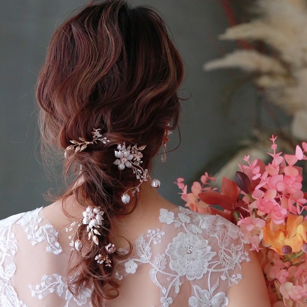 H-116 ウェディング アクセサリー【小枝 ゴールド フラワー 4P ヘアピン】ブライダル 髪飾り