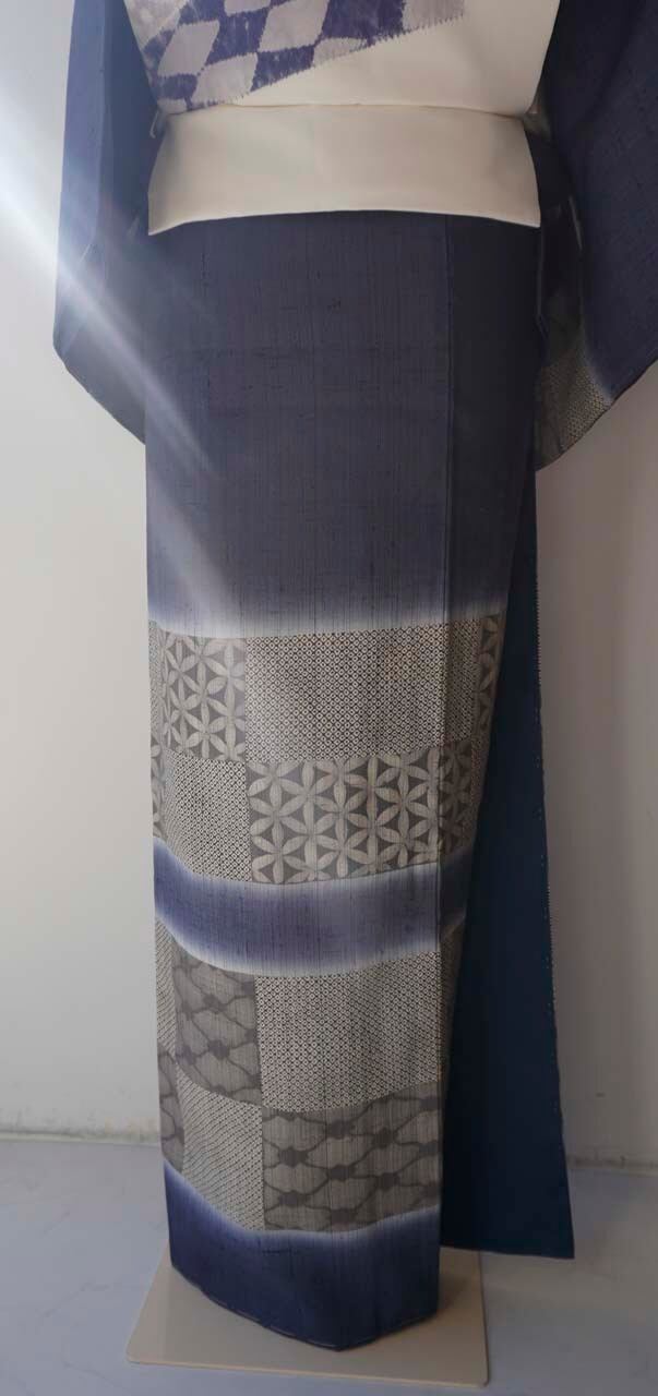 袷】留紺色 変わり市松文 染め紬 | 大山キモノ・ちぇらうなぼるた