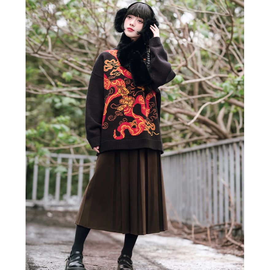 中華ゴシック スネーク レッド ブラック ジャカードセーター 古怪舎