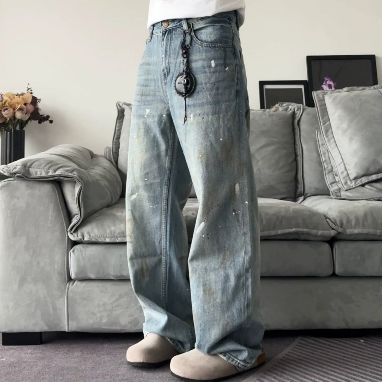 クラッシュペイントライクワイドシルエットデニムパンツ 1col   A00157