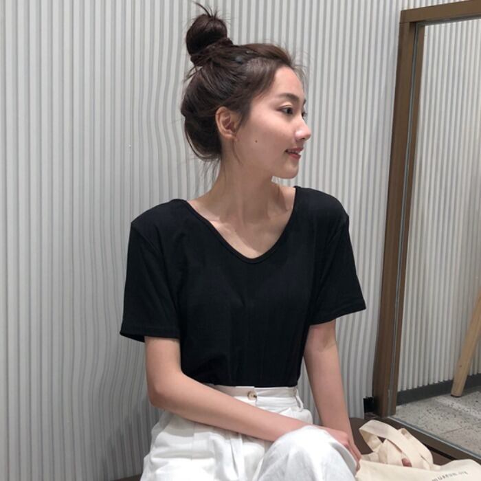 ホワイトシャツ スプリングオータムスタイルルーズブラックTシャツ トップス 春物 秋物 1号婦人66849169760