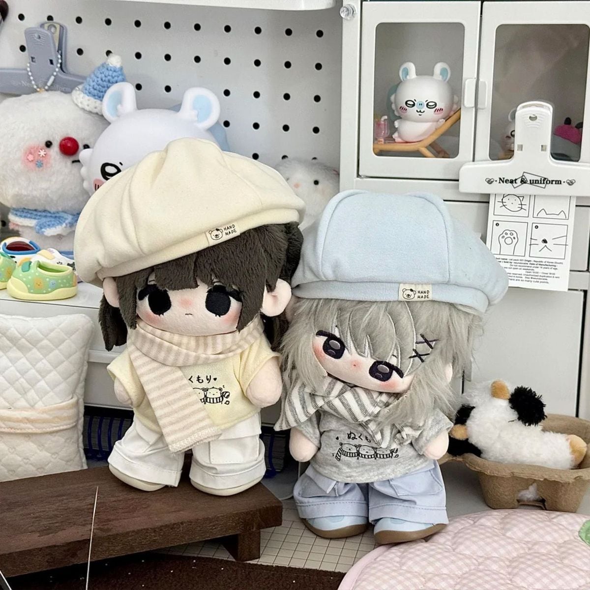 20cmぬいぐるみ用 秋 くま柄トップス+パンツ+マフラー+帽子 カジュアル