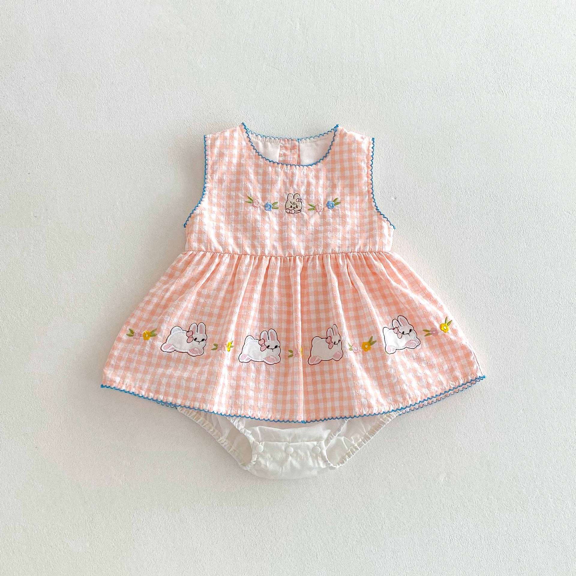 ピンクチェックラビットロンパース