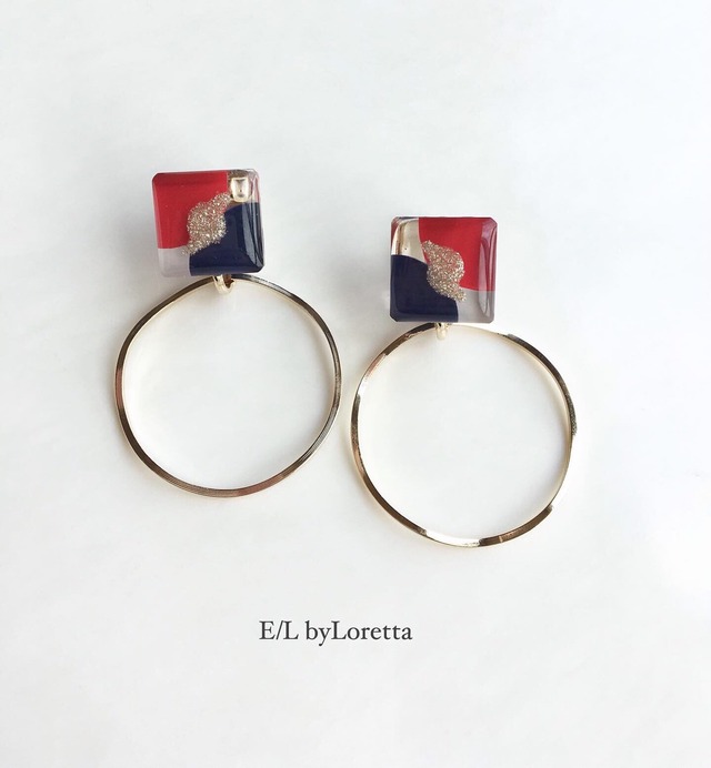 3color square hoop pierce/earring(Red×Navy)