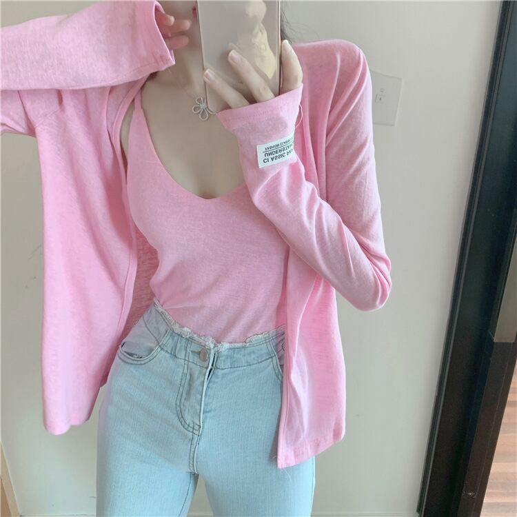 ルーズピンクニットスモールカーディガンレディース初秋の日焼け止め長袖ジャケット2020新作アウターシントップ ブラックストロベリース14548193583