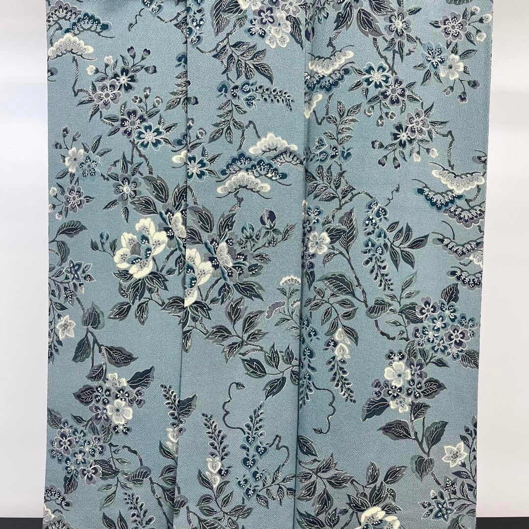 小紋 型染 花柄模様 薄山藍摺色 縮緬 K-3970 | リユース着物わびさび｜小紋