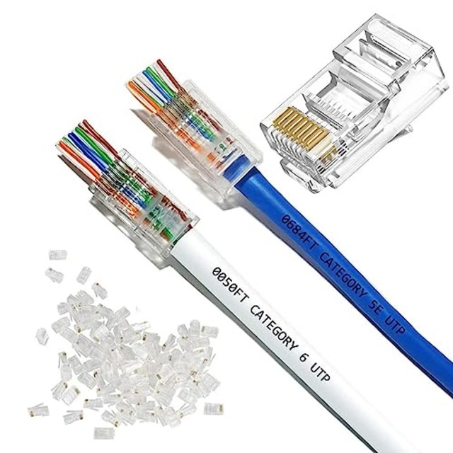 YFFSFDC RJ45コネクタ CAT6 CAT5E CAT5 LANケーブル用 貫通型 LANコネクタ 配線簡単 爪折れにくい RJ45 モジュラープラグ 8P8C LAN コネクタ 1000Mbps 単線ヨリ線対応 ブレードが金めっき (50個セット)