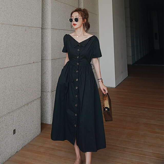 ワンピース レディース サマードレス ロングワンピ マキシ丈 鎖骨見せ 半袖 ボタンダウン ウエスト絞り リゾート ドレス S M L Xl Favoriteselect