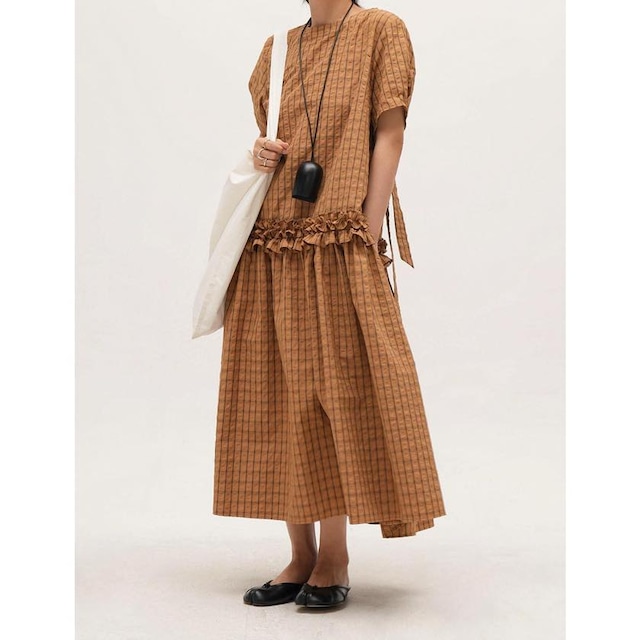 checked ruffle-waist one-piece