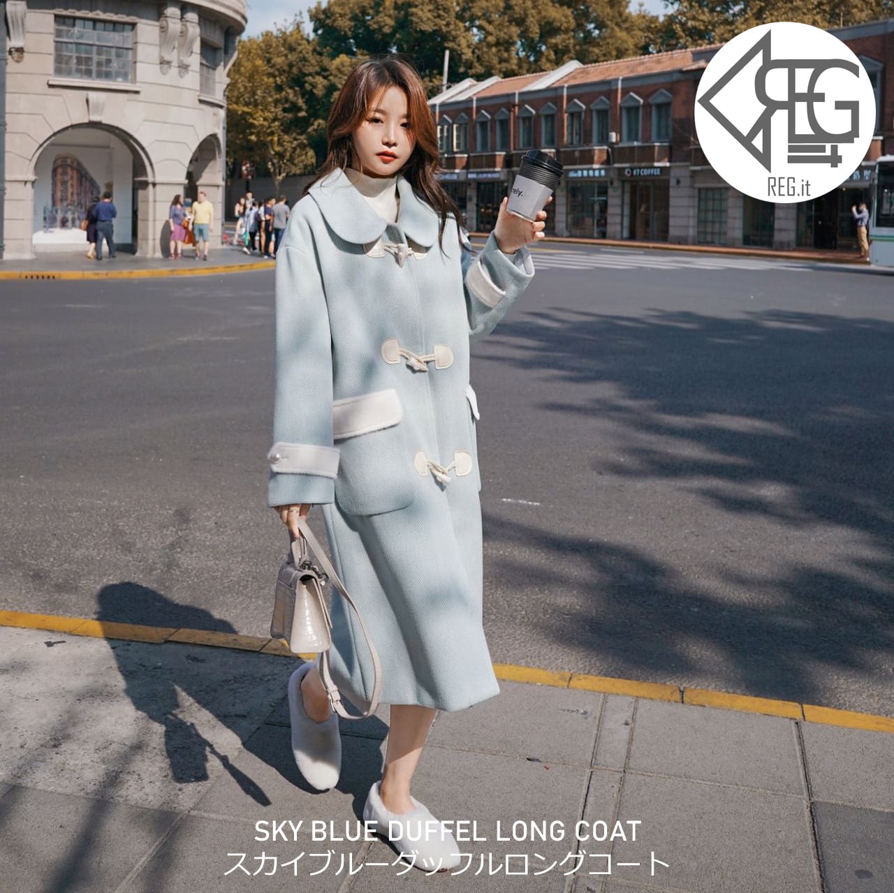 Regit 即納 Sky Blue Duffel Long Coat F W 韓国ファッション ロングコート かわいい 冬用アウター 10代代 コート かわいいコート スカイブルー ダッフルコート ラウンド襟 丸いえり Regit