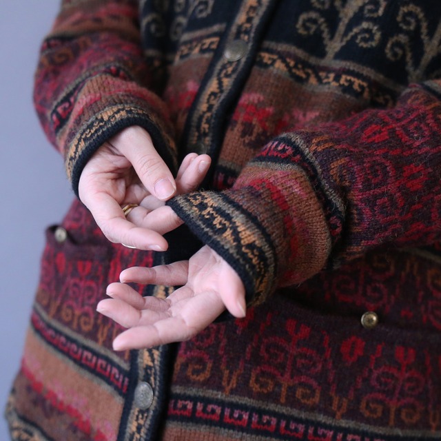 flower and geometry pattern no-collar knit jacket