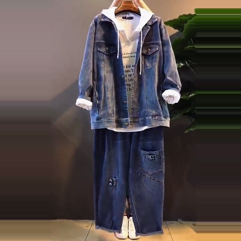 プラスサイズの女性用フード付きセーター、ファットmm秋のコート、カバーベリー、ルーズ、シン、ウエスタンスタイルのスモールシャツとジーンズ ミックスインファッション74862975383