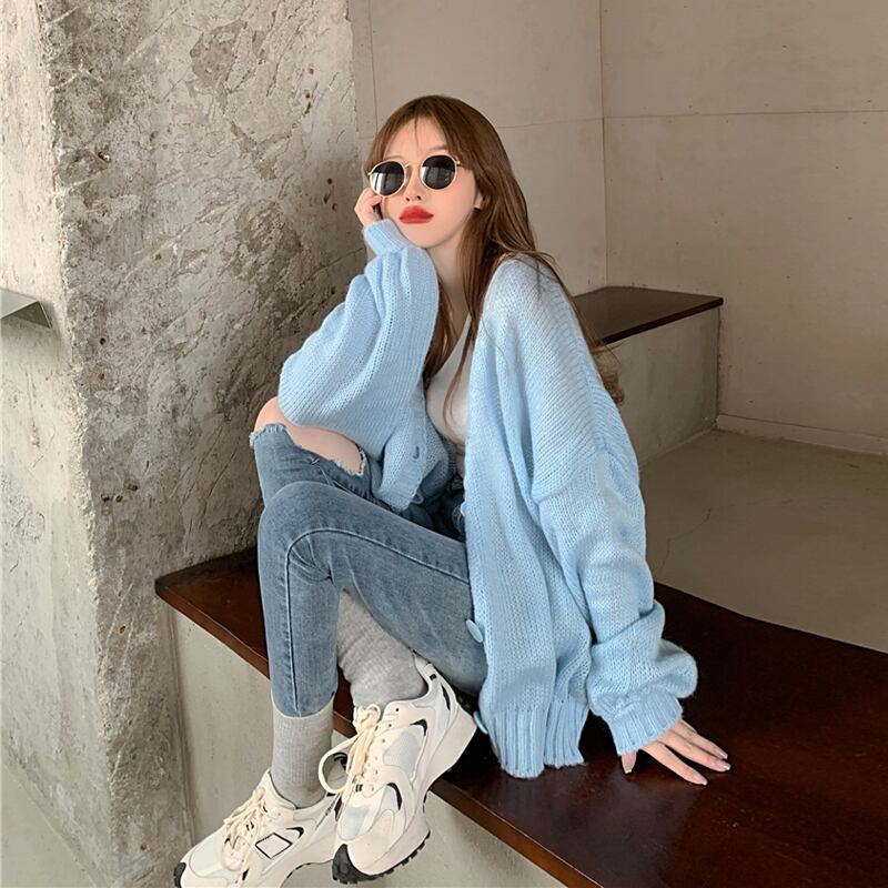 Vネックモヘア怠惰な長袖ニットセータートップ女性2020年秋新しいルーズセーターカーディガンジャケット ブラックストロベリース98053054736