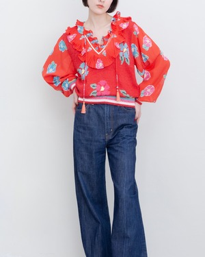 1980s Diane Freis w/Neiman Marcus  - sheer sleeve & frill collar floral knit shirt