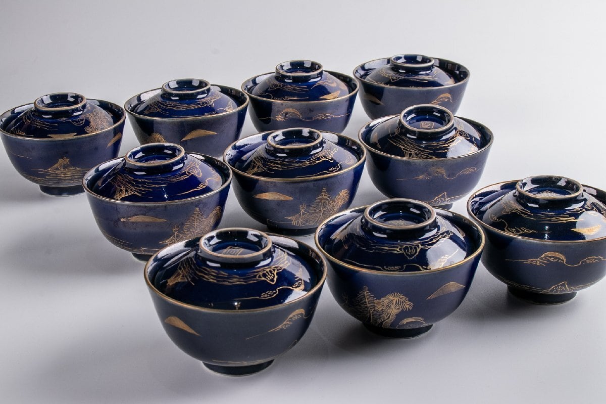 古伊万里 瑠璃釉金彩山水文蓋茶碗 10客 明治時代 F175E バラ売り可能