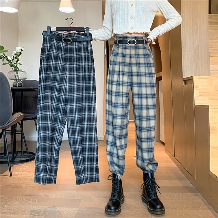 スタンダード格子柄パンツ スプリングオータムハイウェストウェストスリムカジュアル レトロ 春物 秋物 1号婦人13514415352