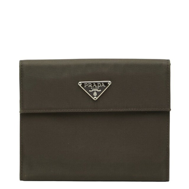 プラダ 三角ロゴプレート 二つ折り財布 カーキ グリーン ナイロン レザー レディース PRADA 【中古】