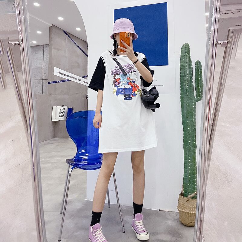 サマーラウンドネックドレス ウェストスカート 大きめサイズ 夏物 Oネック ミックスインファッション58005270326