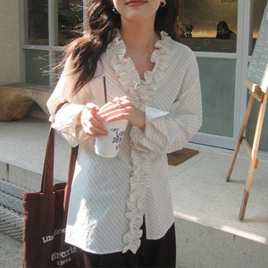 v-neck frill stripe shirt　J00506