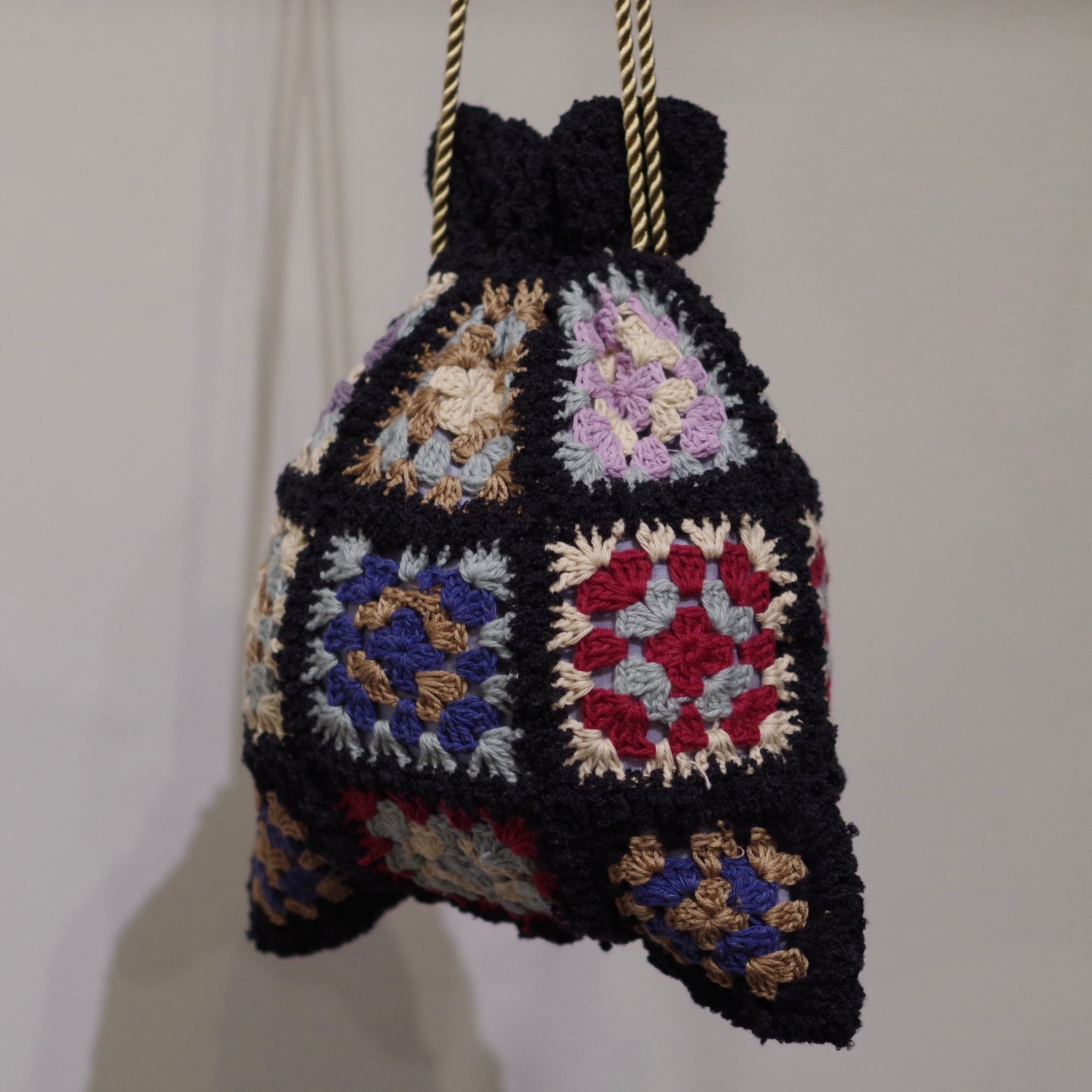 Hand Knit Granny Square Drawstring Bag / ハンドニット グラニー