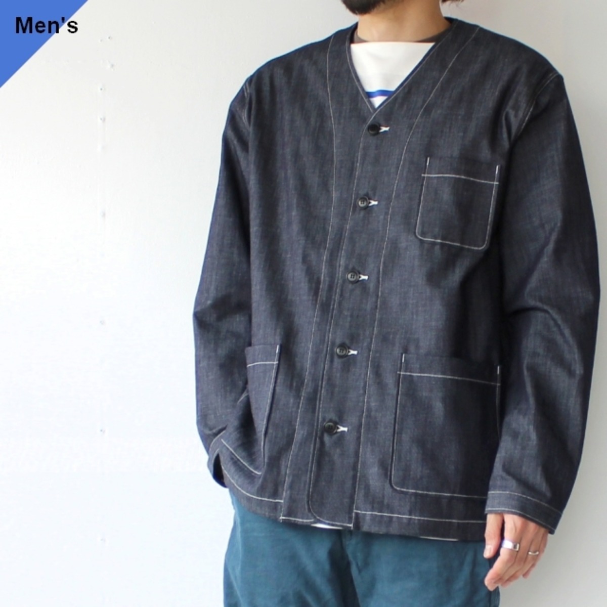 weac. ノーカラーデニムシャツカーディガン VICTOR （Indigo blue