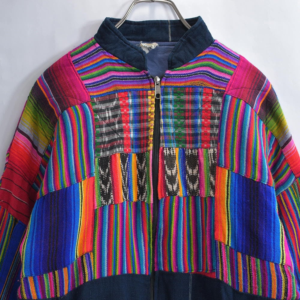 Vintage ハンドメイド マルチカラー パッチワークデザイン ガテマラ ブルゾン ジャンパー ヴィンテージ スーベニア ネイビー ビンテージ USA アメリカ古着 メンズM相当