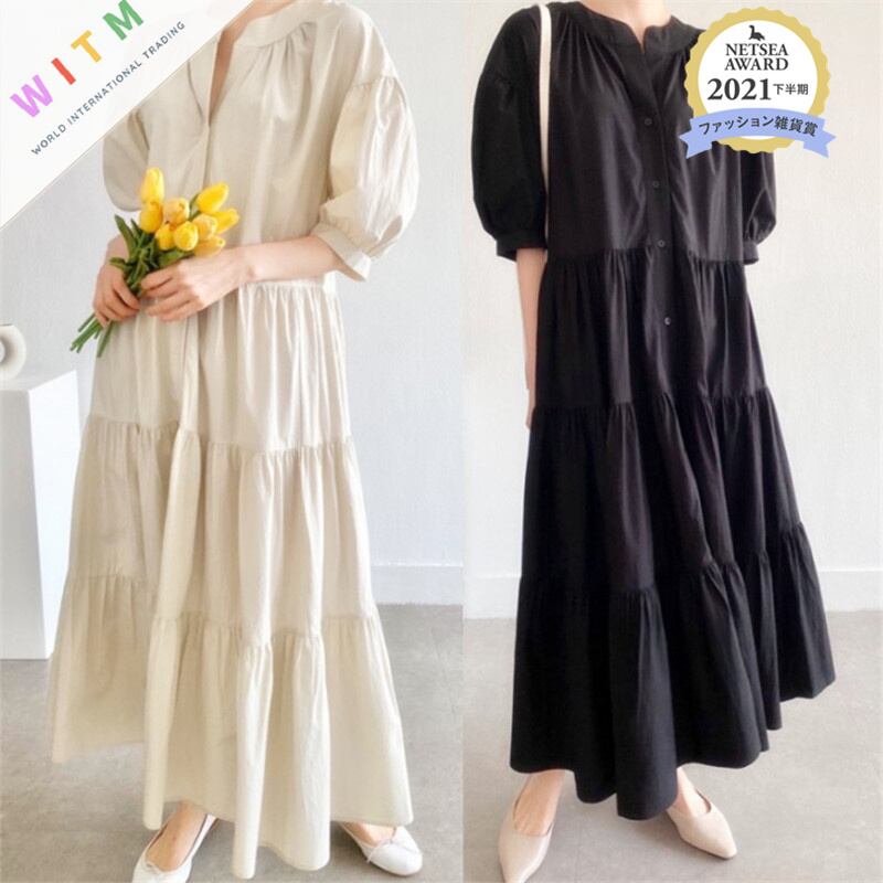 2022春夏新作 フリルワンピース ロング丈ワンピース フレア 韓国風 レディース 体型カバー シンプル