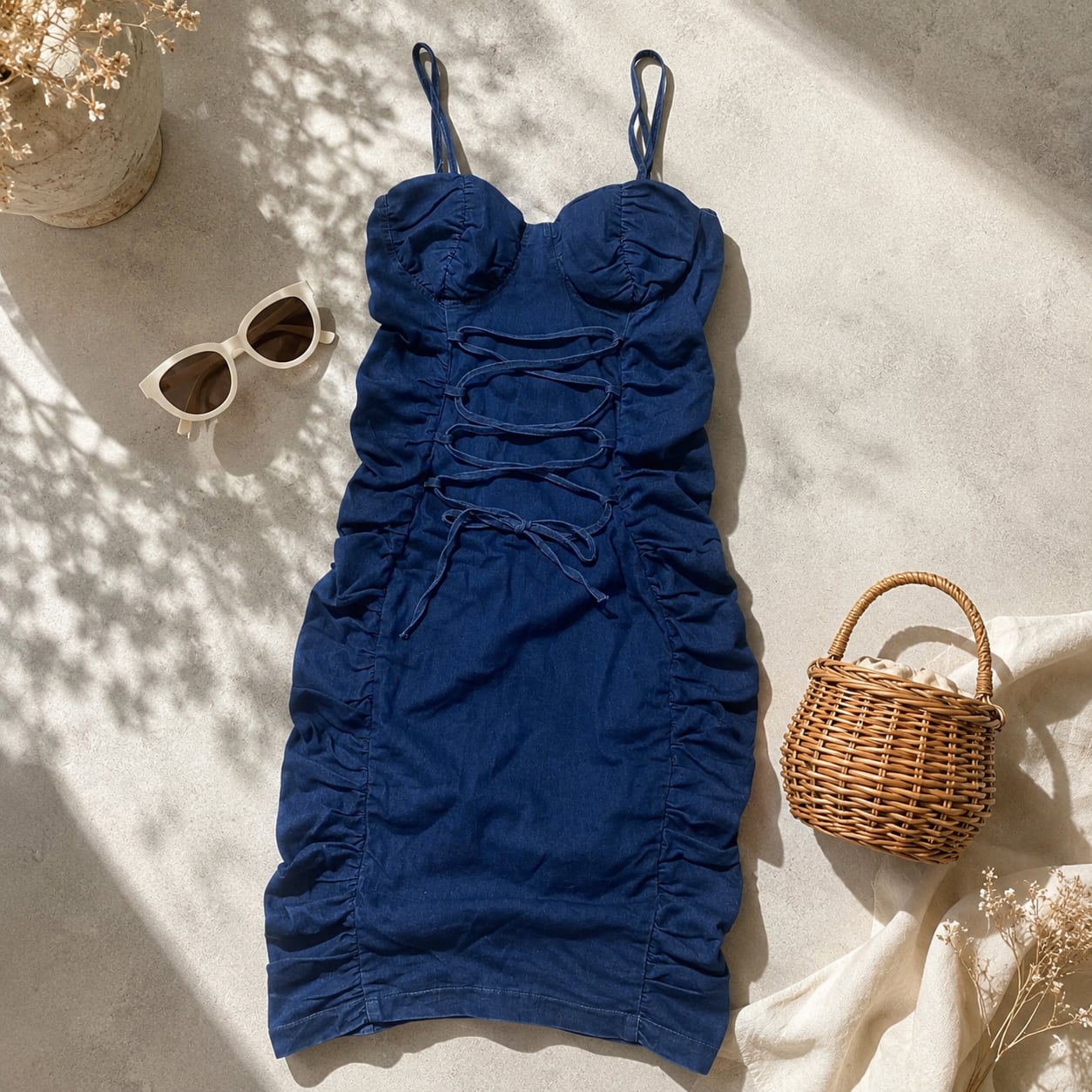 Lace up denim dress
