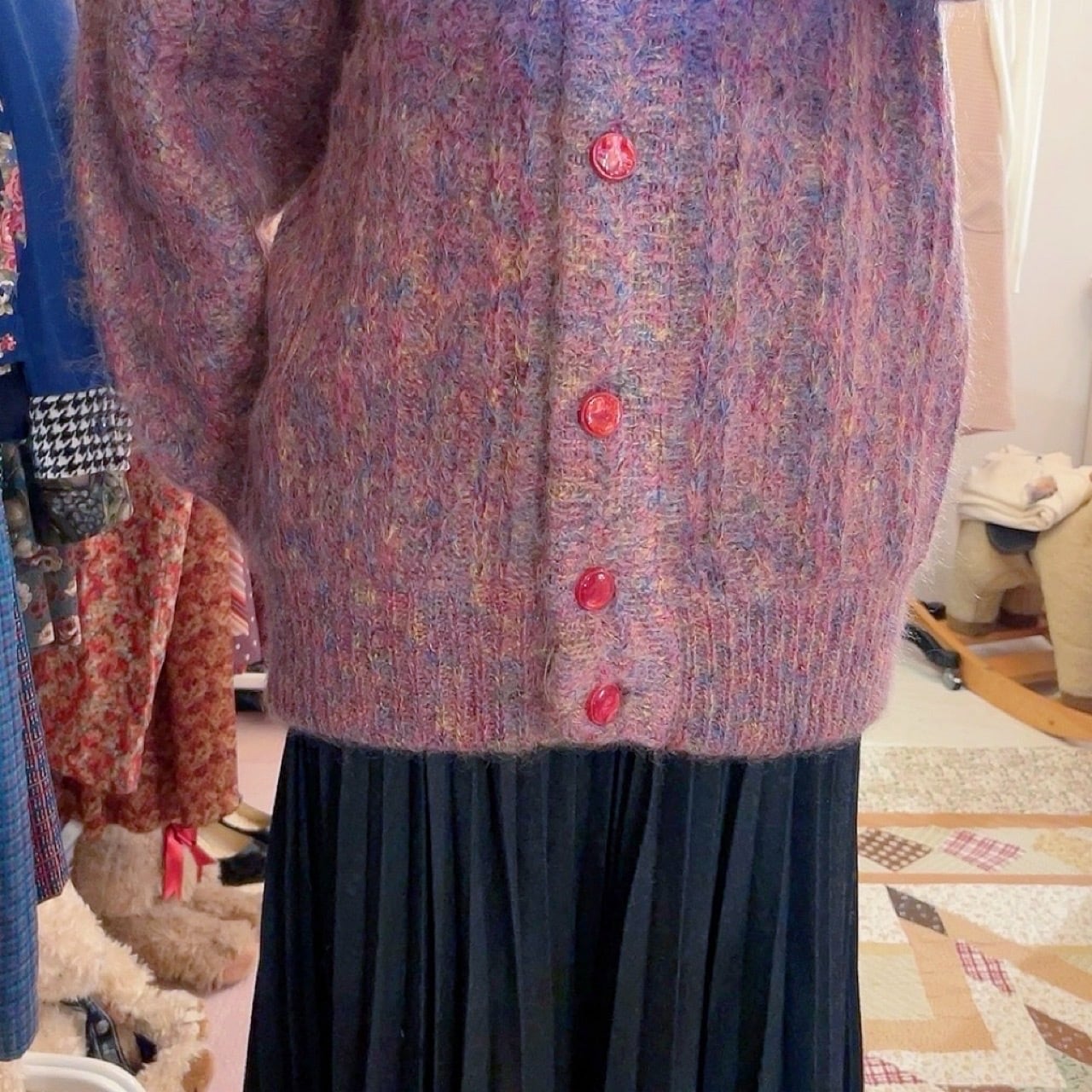 pink mix yarn liner knit cardigan